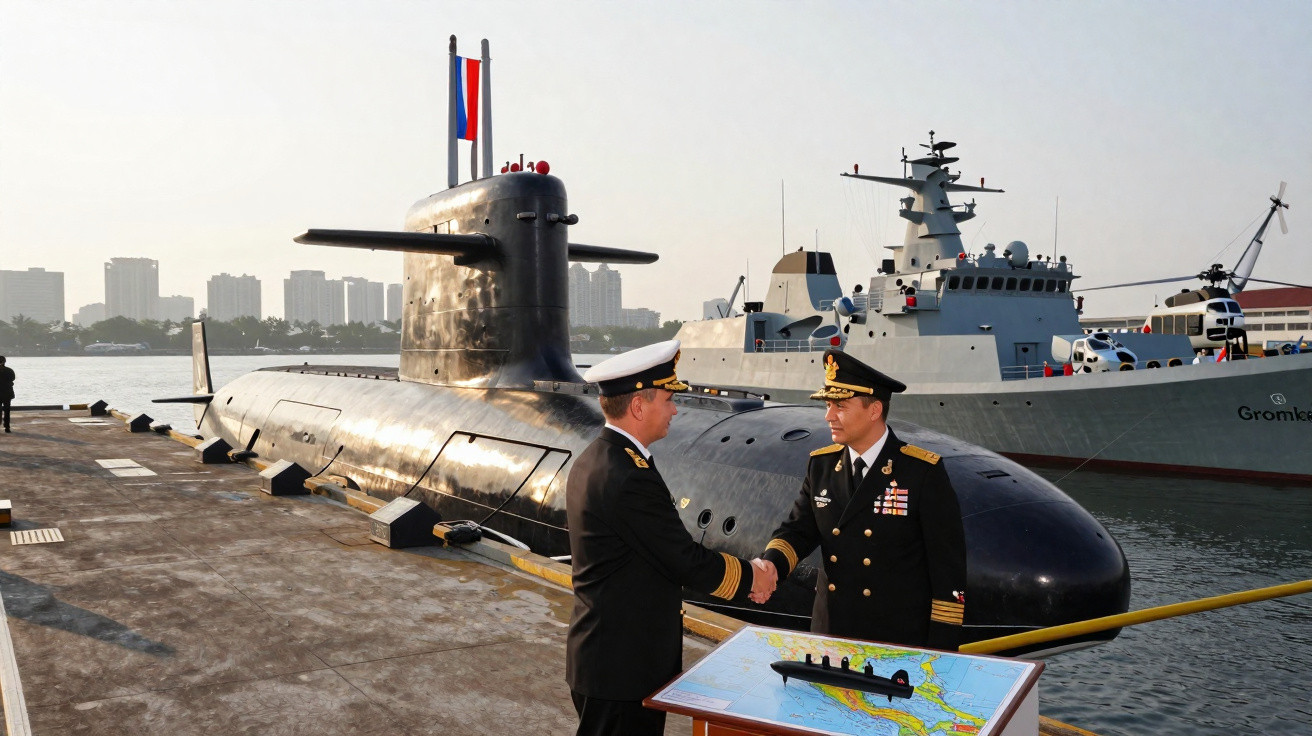 Two naval officers shake hands on a dock beside a submarine and a warship at sunrise.