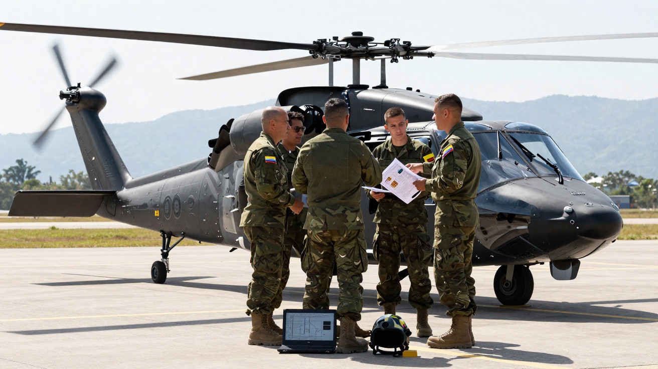 Five soldiers in camouflage uniforms stand in a circle discussing documents beside a military helicopter on a runway.