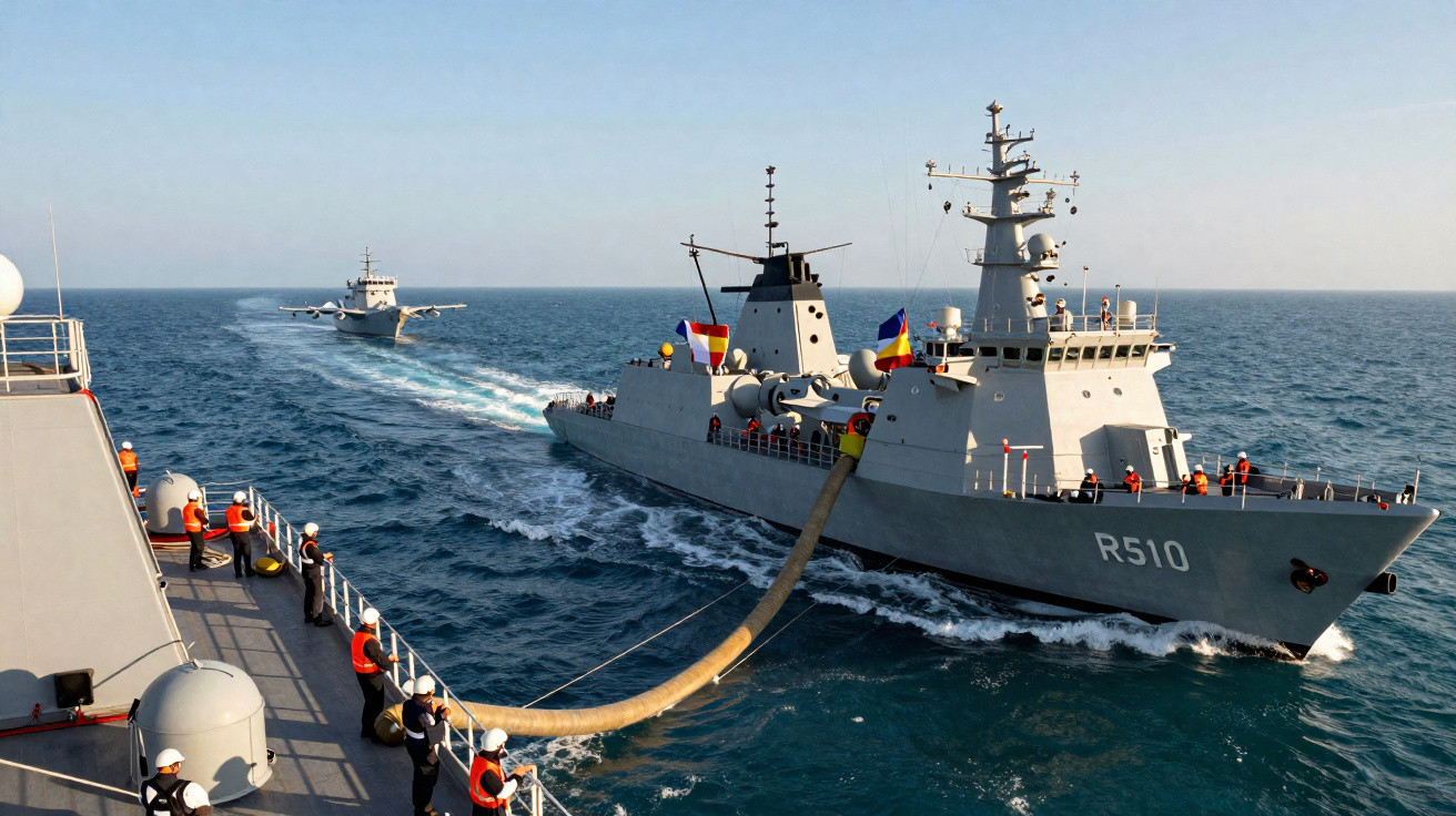 Two naval ships conducting a refuelling operation at sea with crew in safety gear on deck.