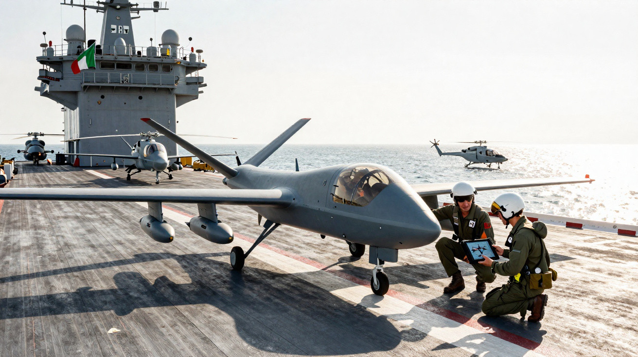 Military drone on aircraft carrier deck with two personnel reviewing tablet, helicopter flying nearby over sea.