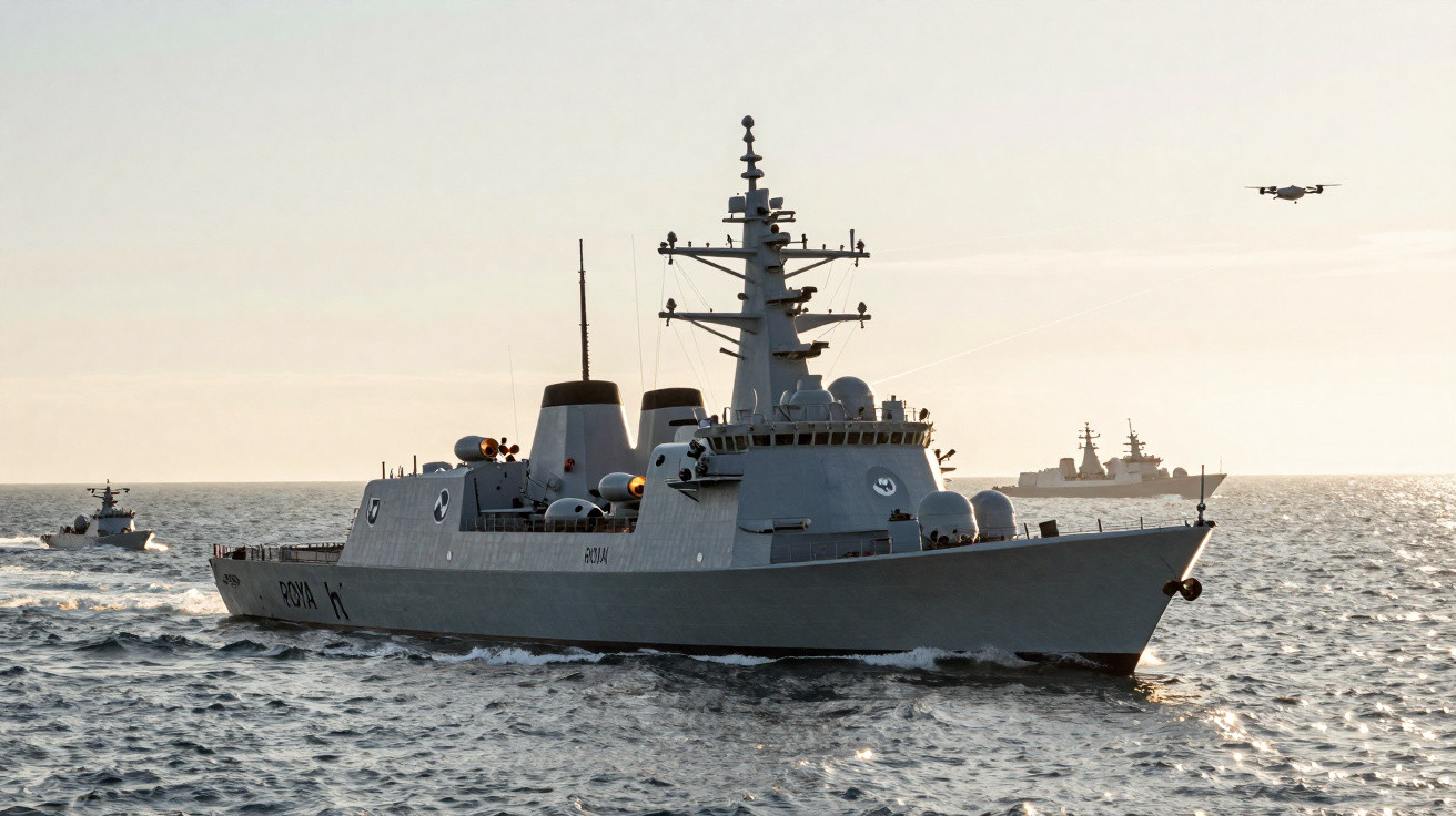 Naval warships sailing on calm sea with a drone flying nearby during sunset.