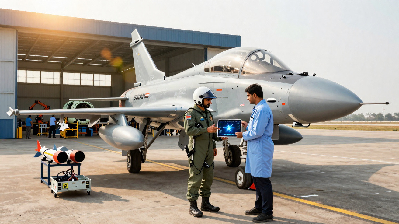 Two men discussing with a tablet in front of a parked fighter jet at an airbase hangar.