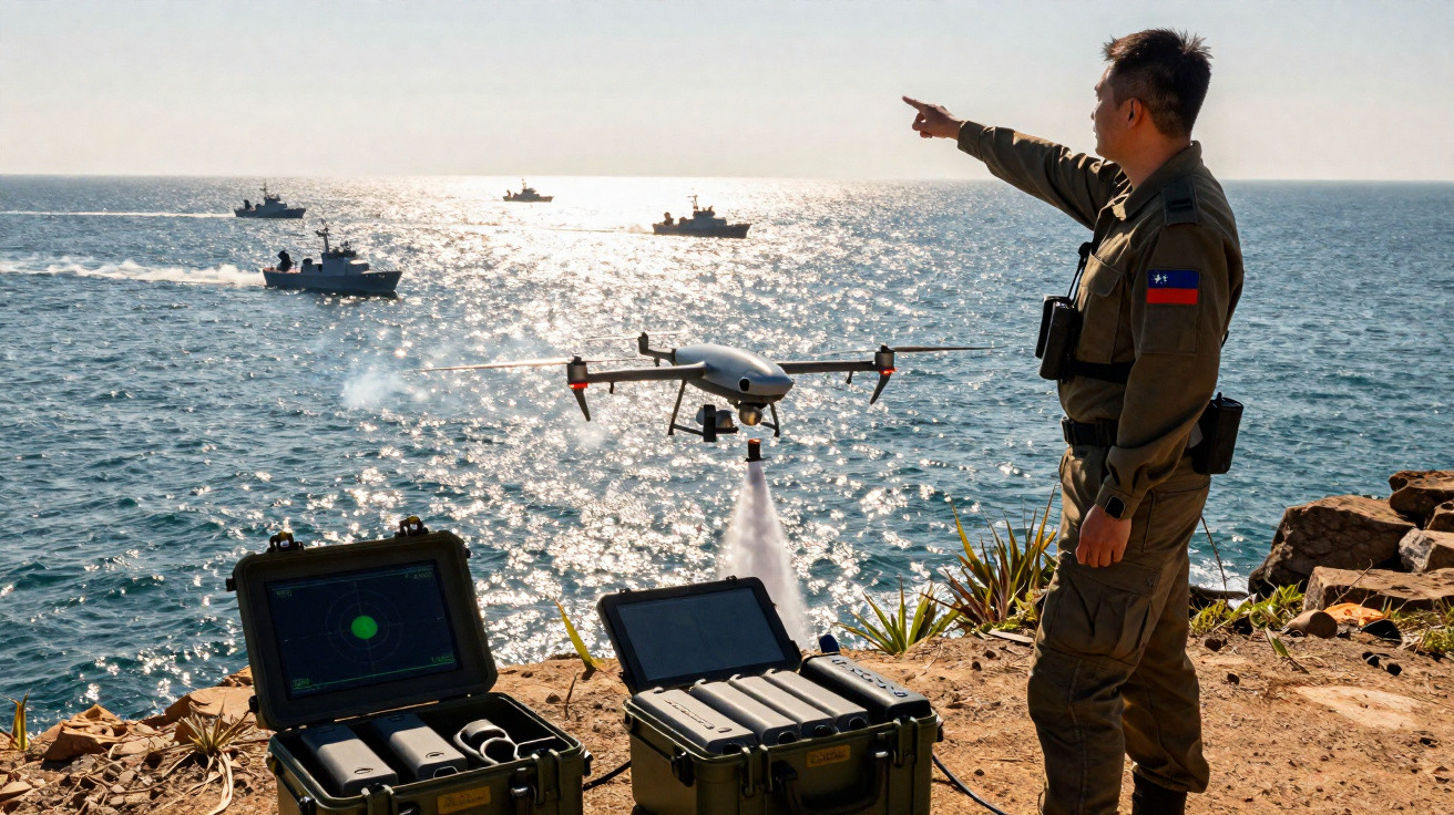 Military personnel operating a drone launching water by the sea with naval ships in the background.
