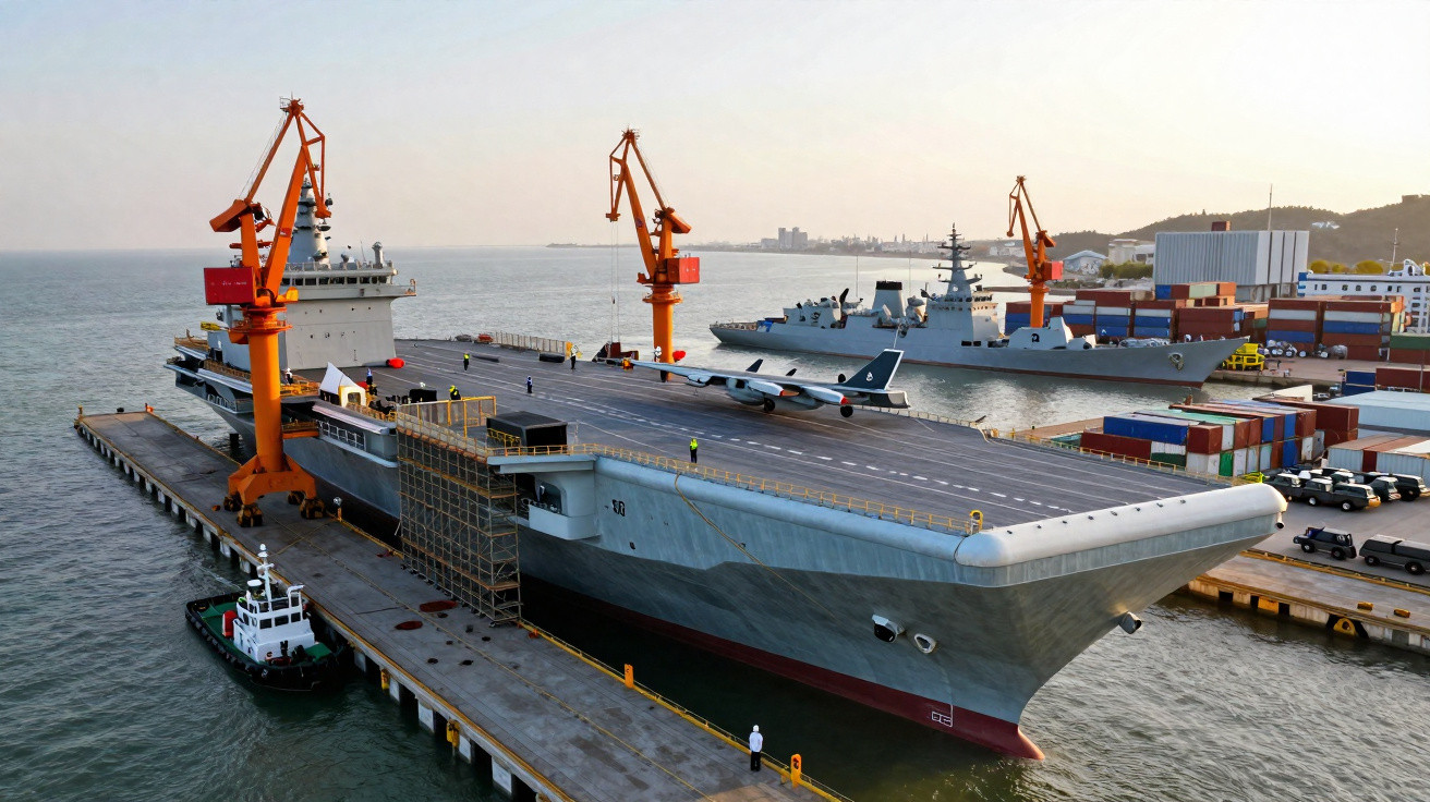 Aircraft carrier docked at a port with cranes, a fighter jet on deck, and a naval ship in the background.