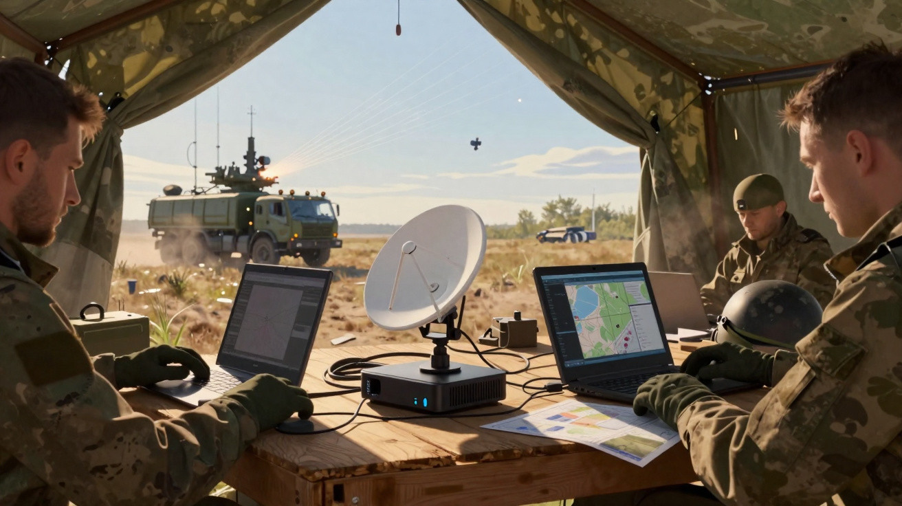 Military personnel working on laptops inside a camouflaged tent with a satellite dish and a military vehicle outside.