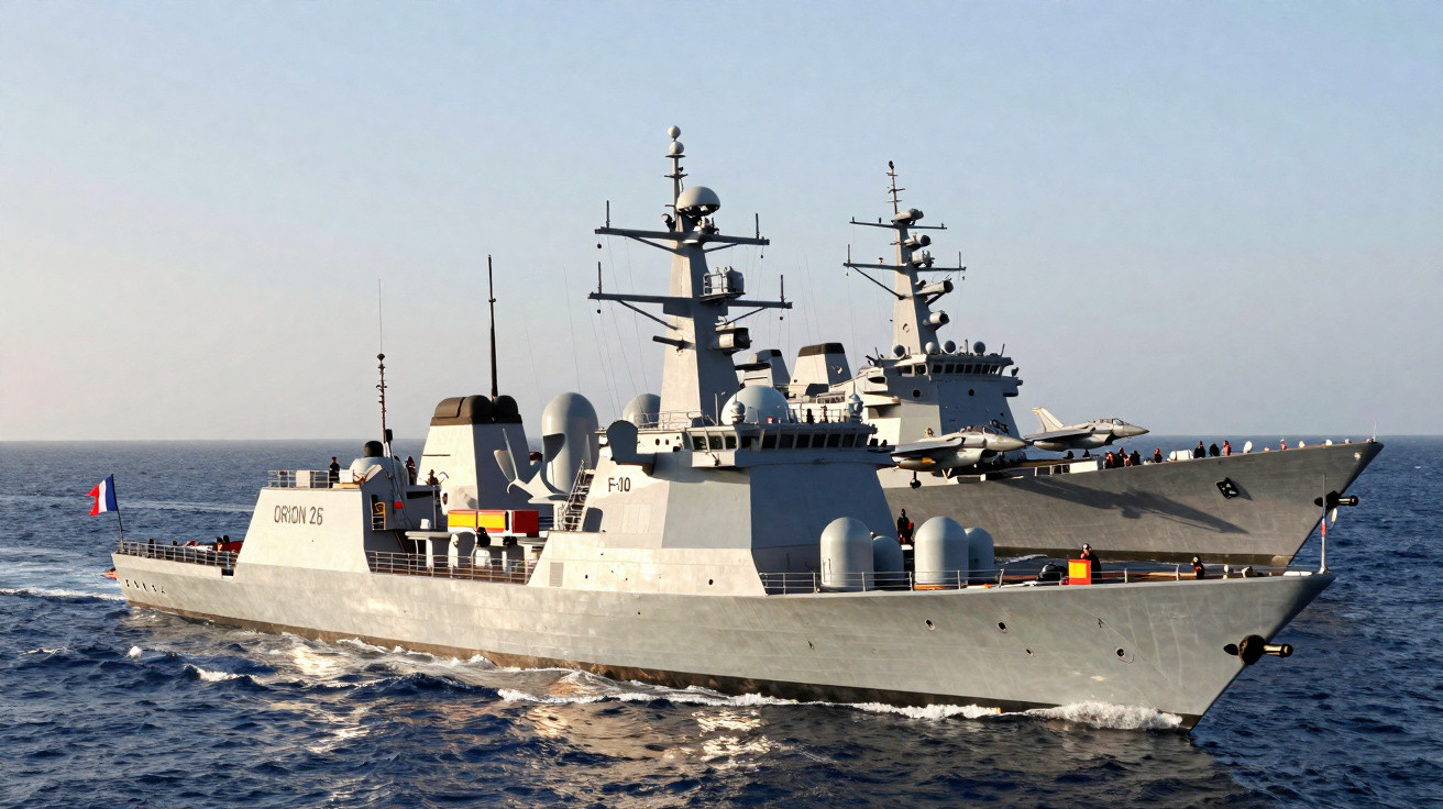 Two naval warships with radar and communication towers sailing on calm sea under clear sky.