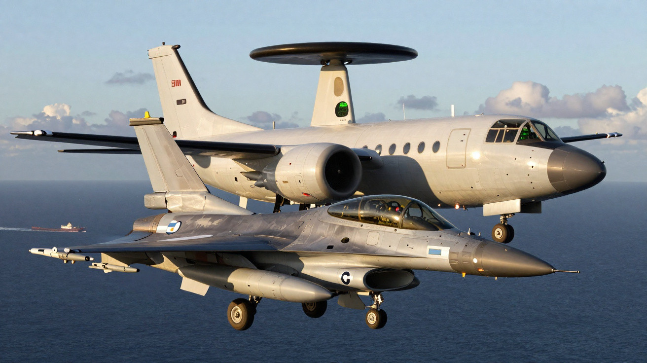 Two military aircraft flying over the sea, one grey jet fighter and one large radar plane with a disc on top.