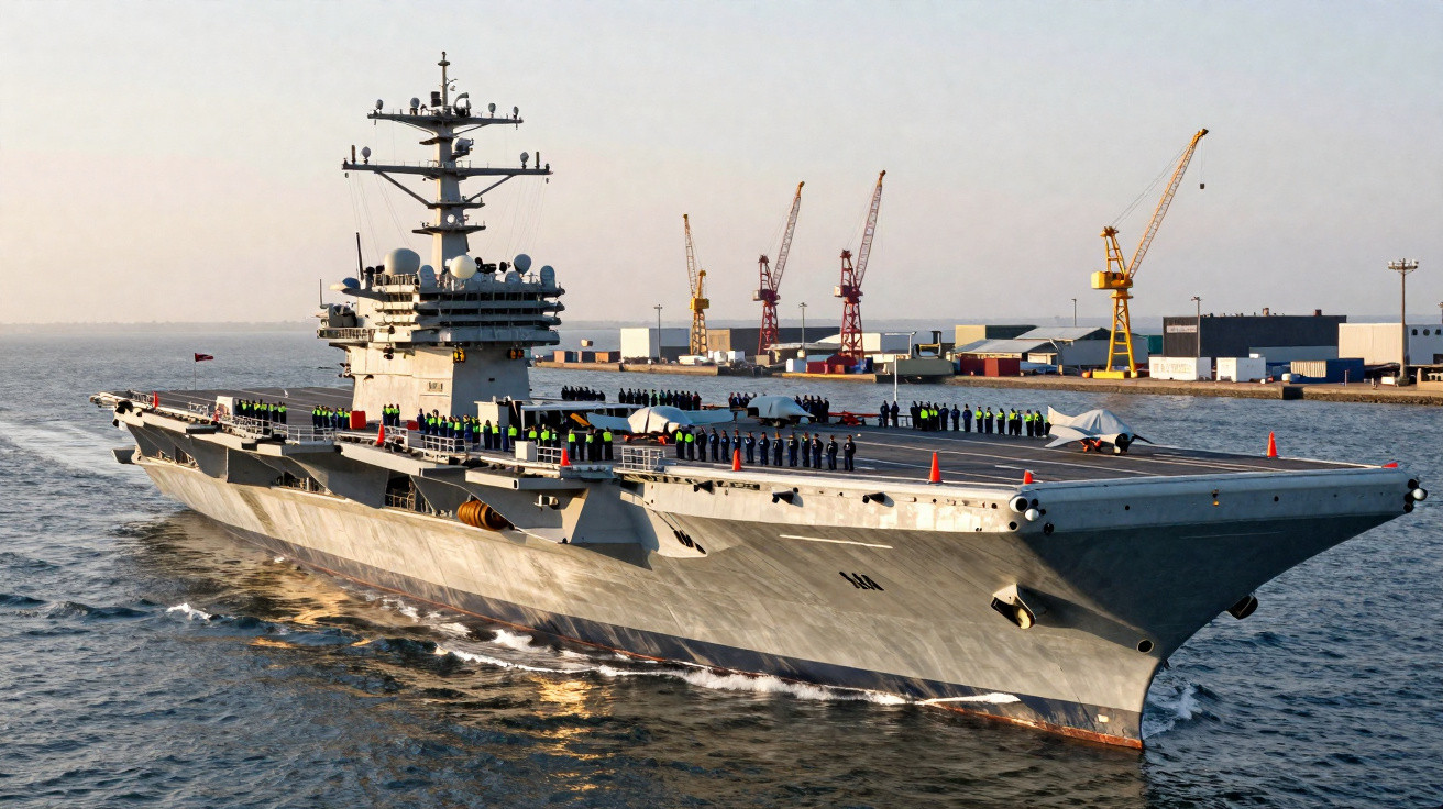 Aircraft carrier sailing near harbour with crew lined up on deck and cranes in background