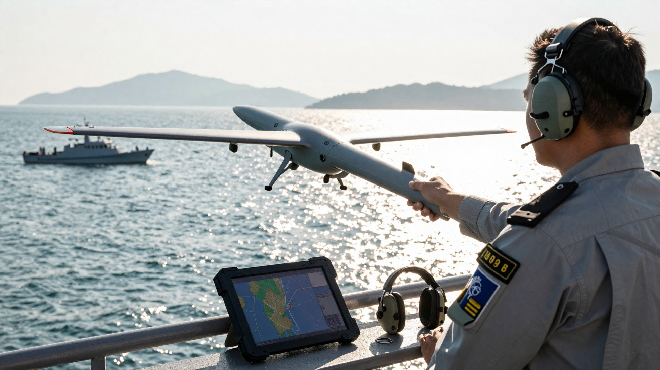 Person wearing headset launching a small drone from a boat with a patrol ship and sea in the background.