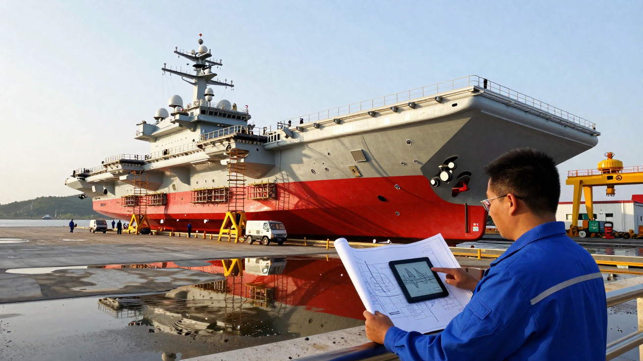 Engineer in blue uniform reviews ship plans near a large docked red and grey ship with reflections in water.