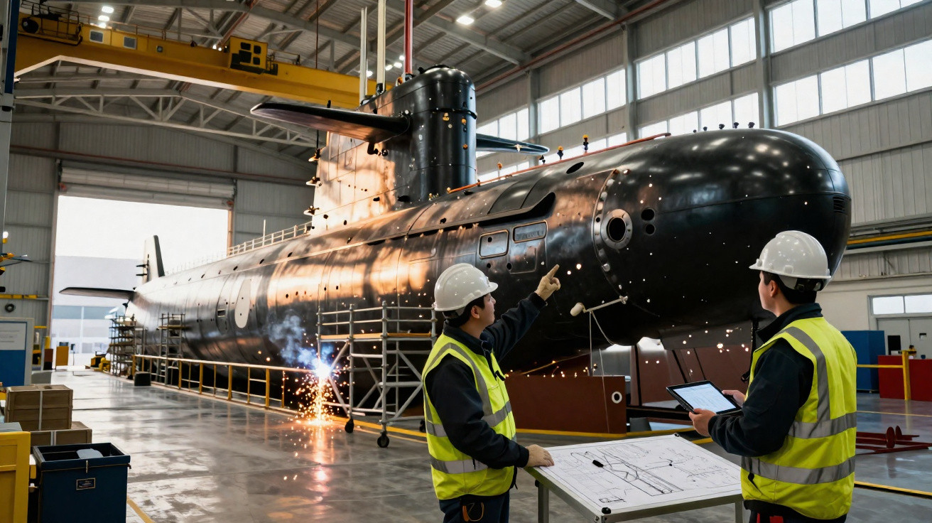 Two engineers in safety gear inspect a large submarine inside a brightly lit industrial warehouse.