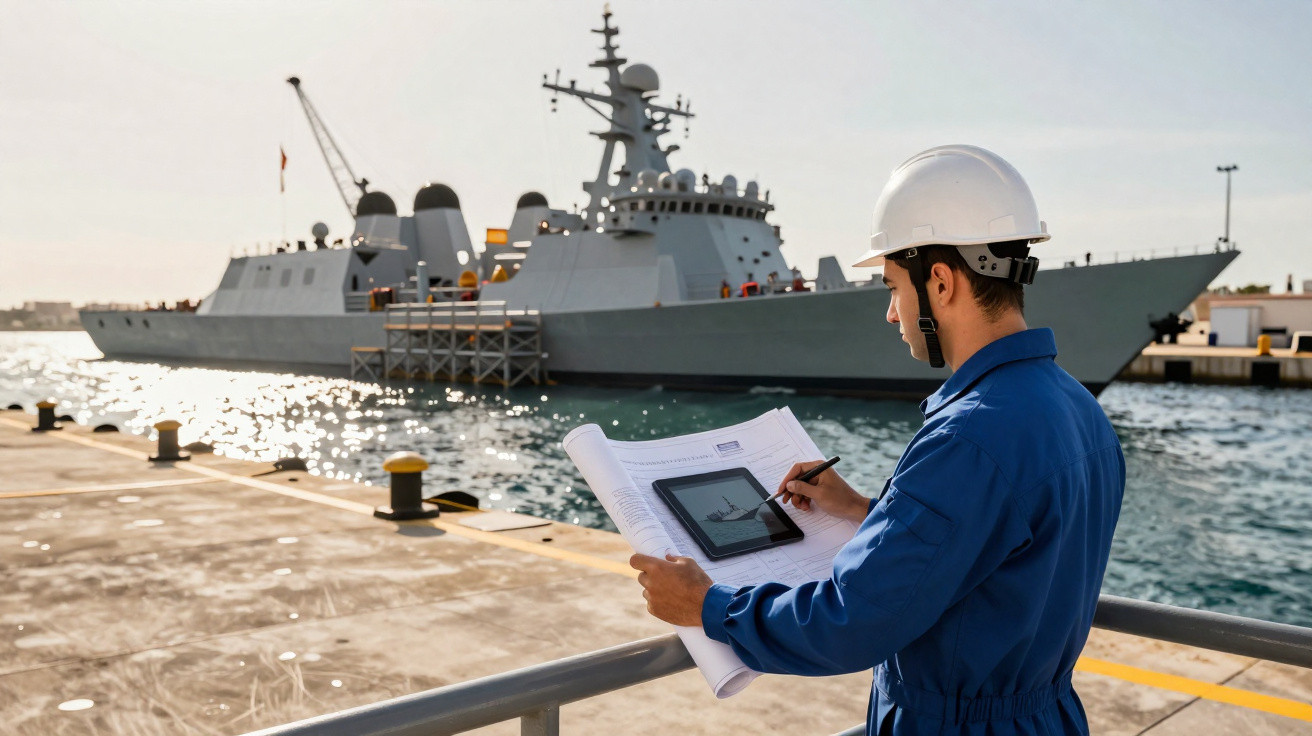 Man in hard hat and blue coverall holding blueprints and using a tablet on a dock with a naval ship in the background