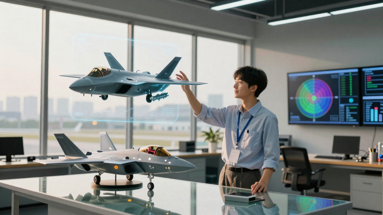 Engineer interacting with a holographic fighter jet model in a modern office with computer screens.