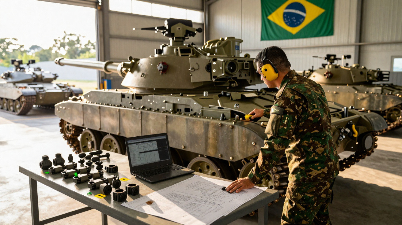 Military personnel in camouflage working on a tank in a hangar with Brazilian flag in the background