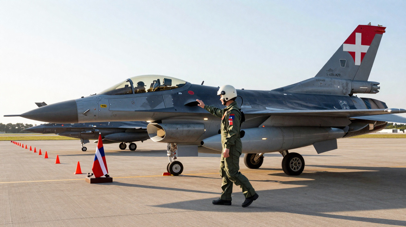 Pilot in flight suit and helmet approaching a parked F-16 fighter jet with Swiss flag on tail fin.