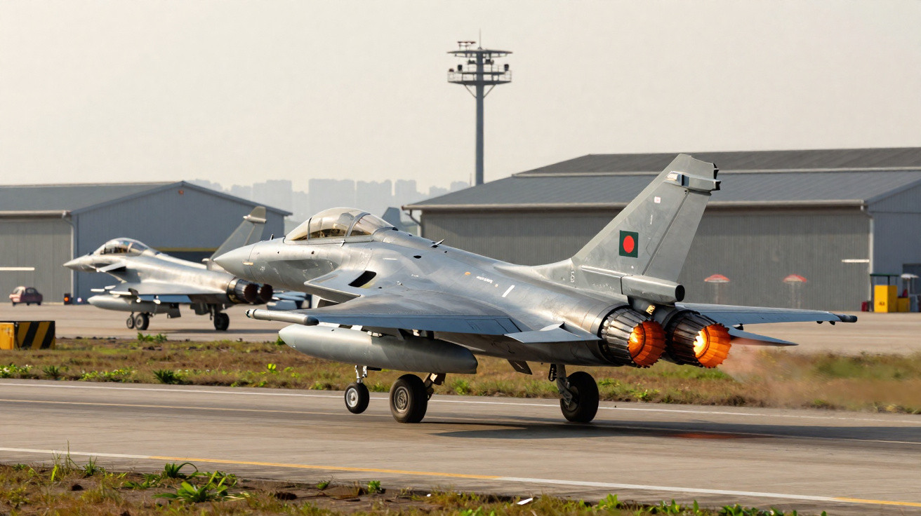 Bangladesh Air Force fighter jet with afterburners on taxiing on runway at airbase.