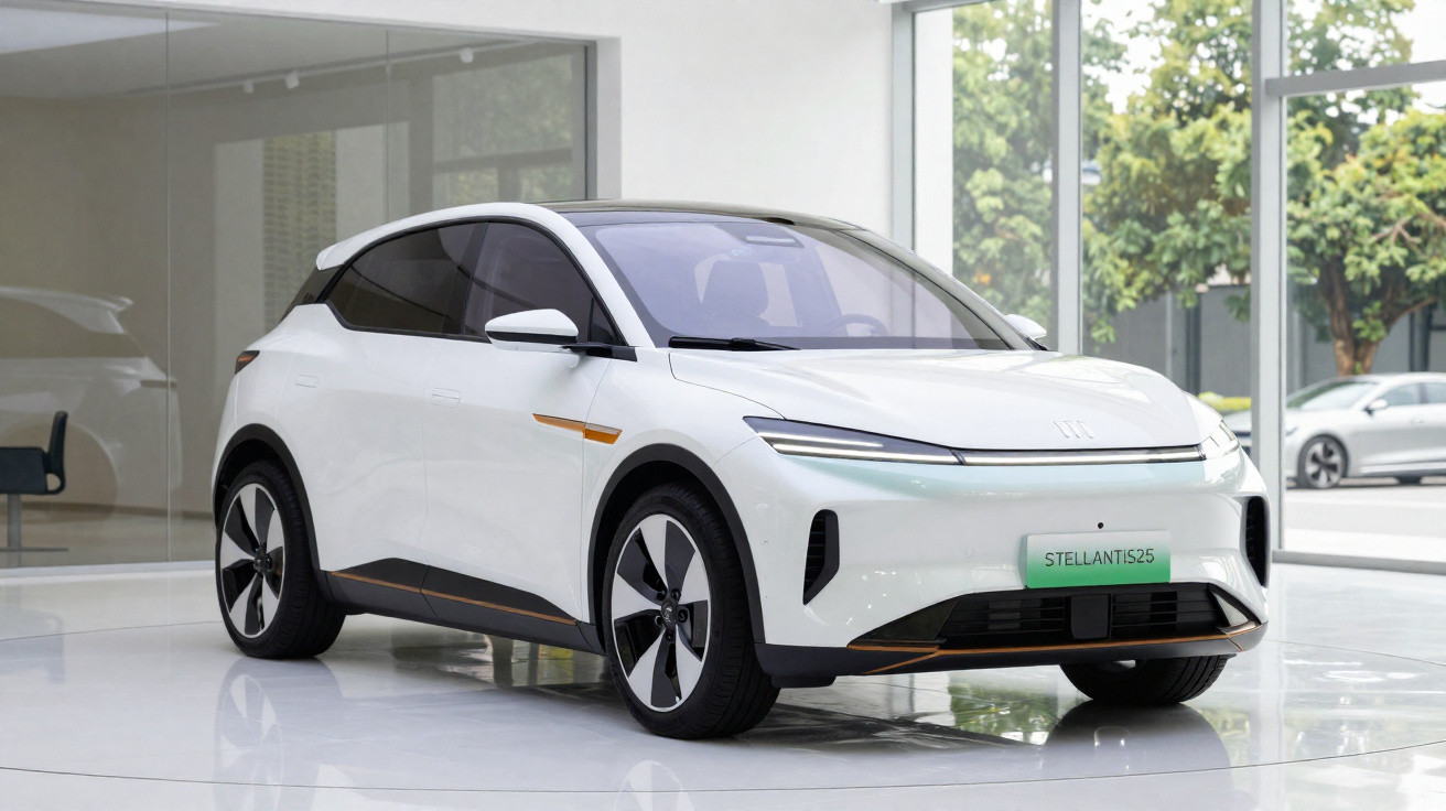 White Stellantis 25 electric compact SUV displayed indoors near large windows with greenery outside.