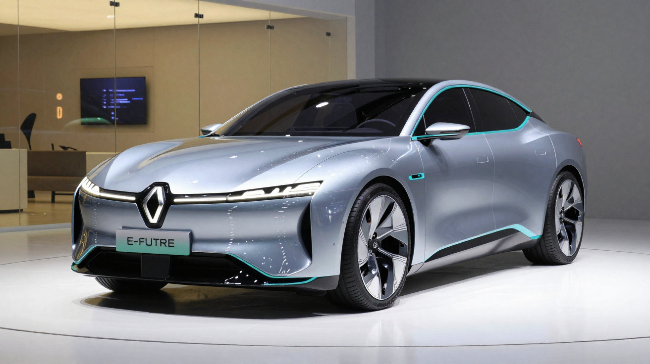 Silver Renault E-FUTURE electric concept car displayed indoors with futuristic design and LED headlights