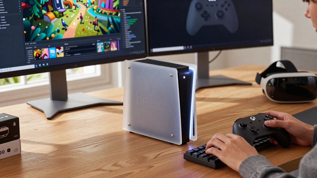 Person holding a game controller next to a Helio gaming PC with dual monitors and a VR headset on a wooden desk.