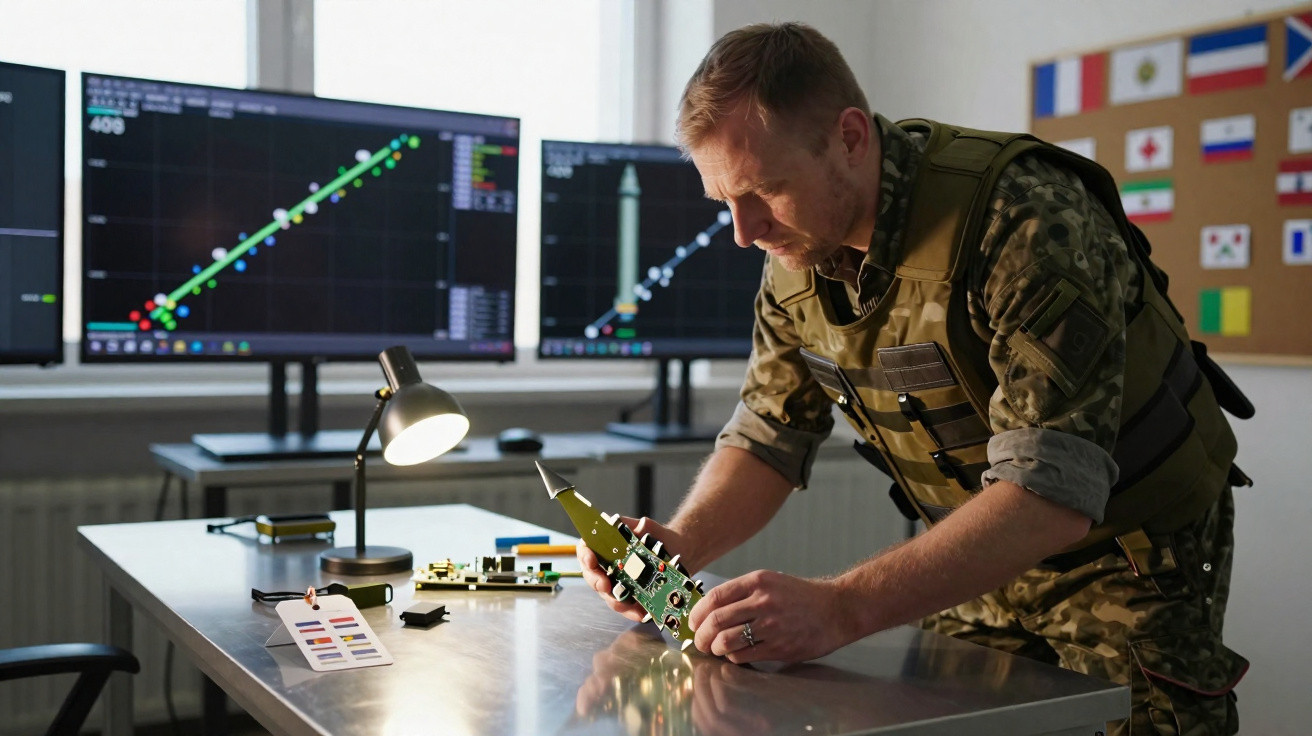 Military engineer in camouflage examining missile prototype at desk with data charts on screens behind him.