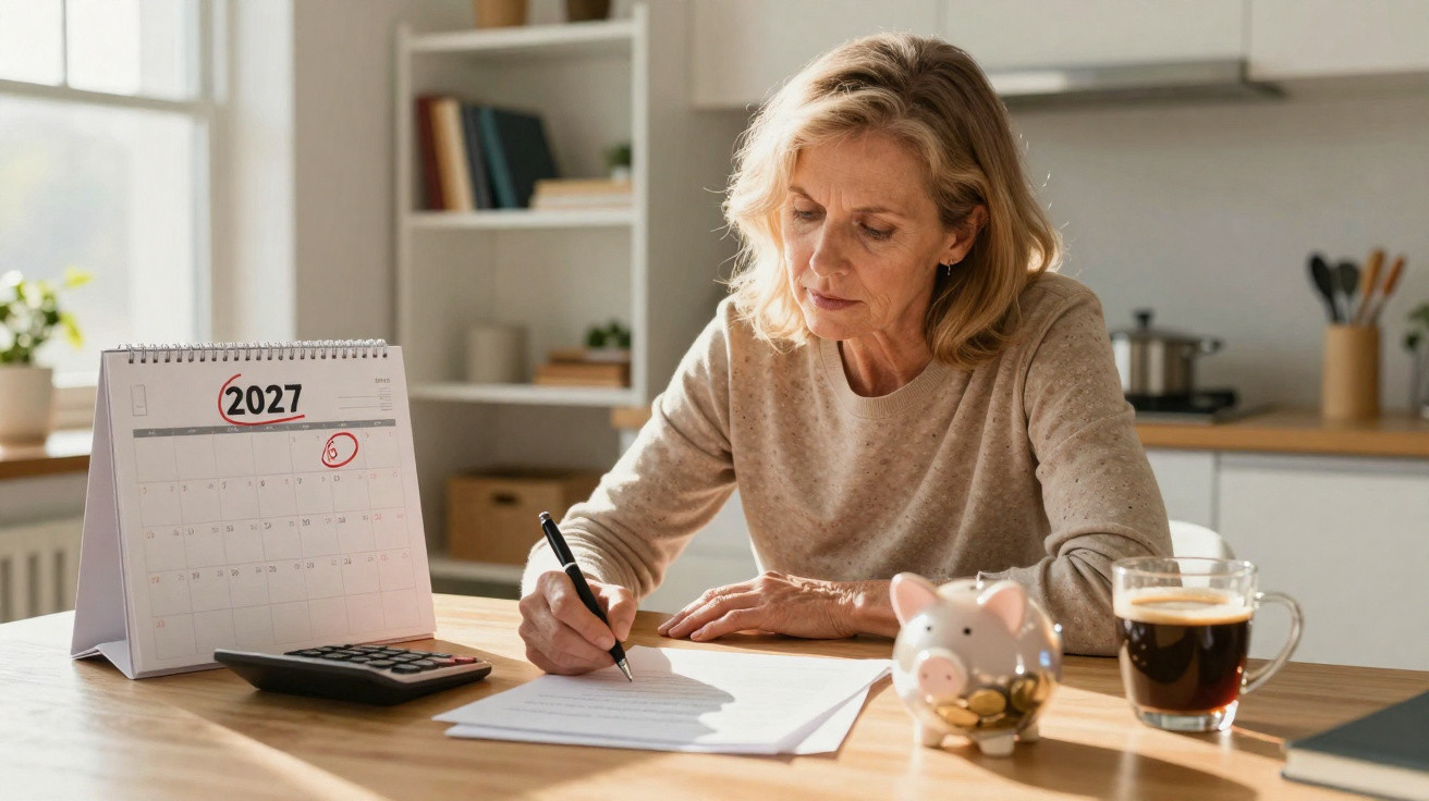 Woman writing on paper at kitchen table with 2027 calendar, piggy bank, calculator, and coffee mug nearby