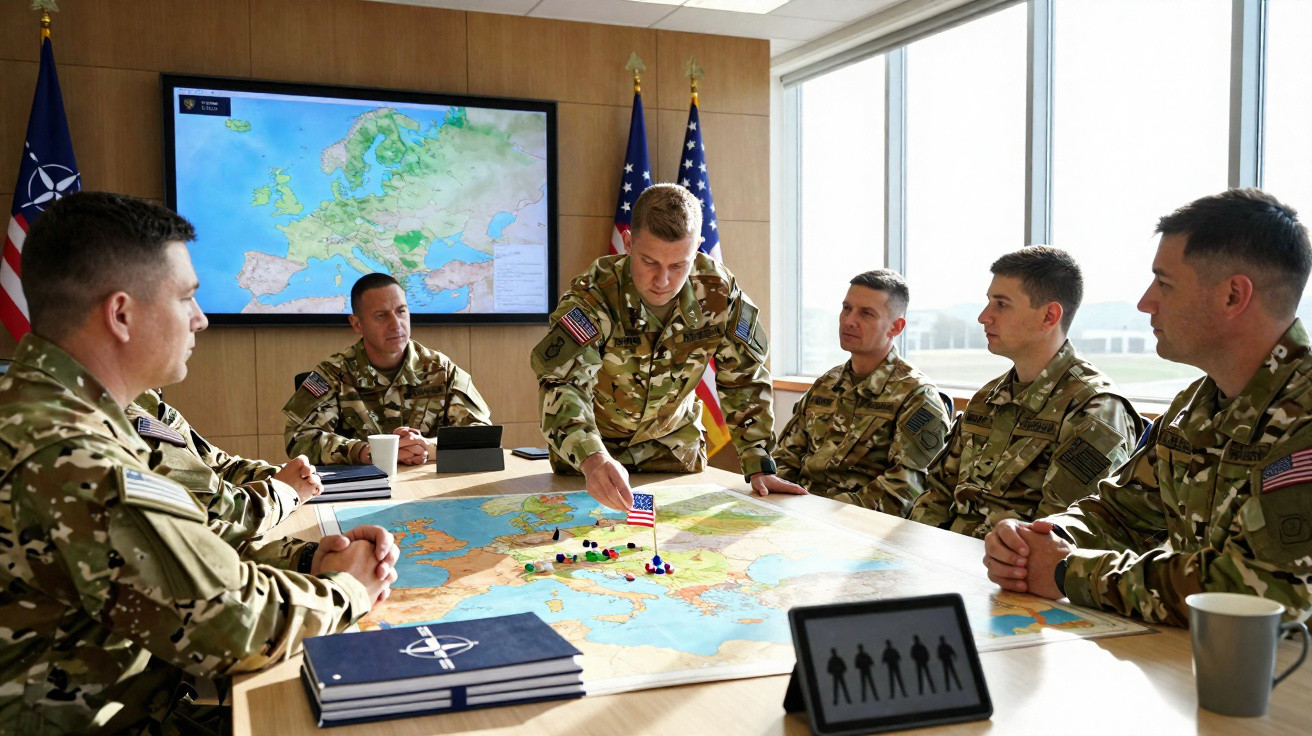 Military officers in camouflage uniforms gathered around a table with a large map, discussing strategy in a bright room.