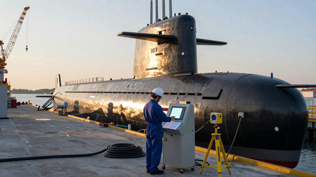 Worker in blue coveralls and white helmet operating a control panel beside a large black submarine docked at harbour.