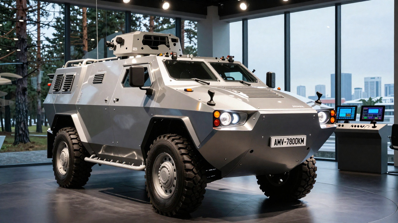 Armoured military vehicle with large tyres displayed indoors by windows showing city skyline.