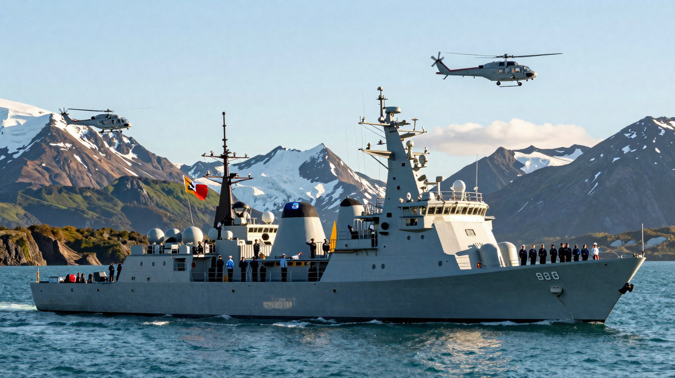 Naval warship with crew on deck sailing near snow-capped mountains with a helicopter flying overhead.