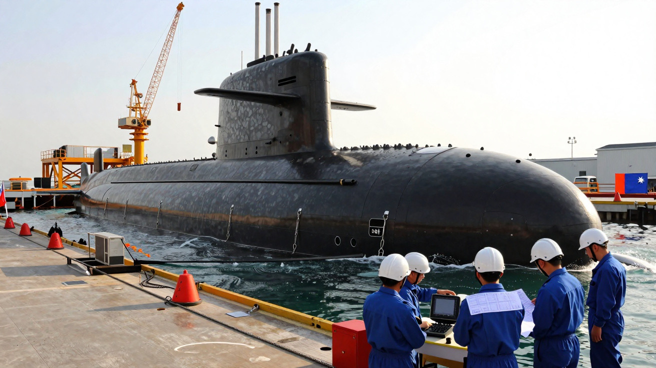 Military submarine docked at port with five crew members in blue uniforms and white helmets working nearby.
