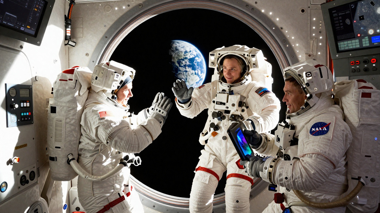Three astronauts inside a spacecraft with Earth visible through a circular window in the background.