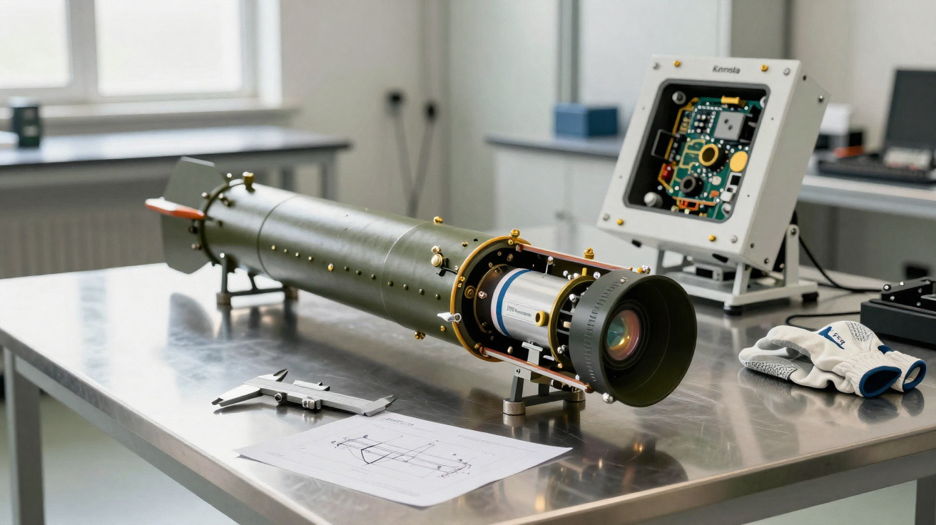 Long cylindrical optical device on a metal table with technical drawings and calibration equipment in lab.