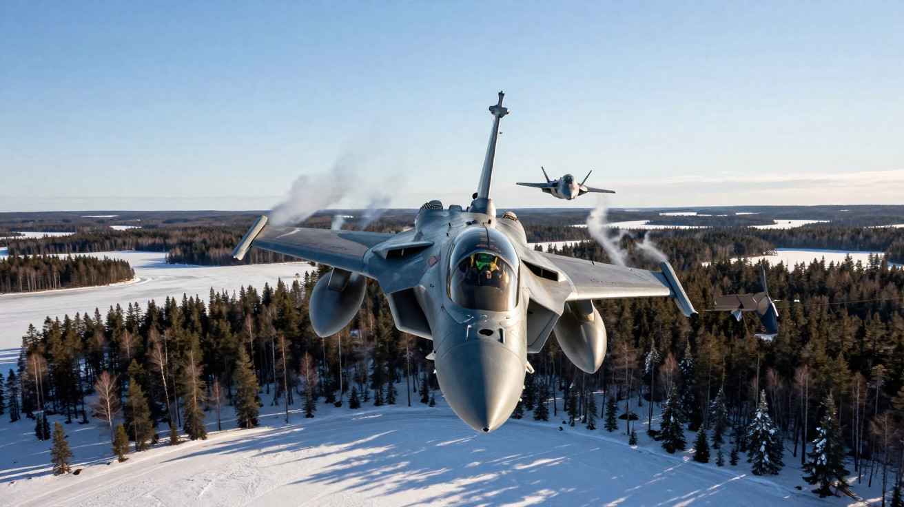 Two fighter jets flying low over a snowy forest landscape under a clear sky.