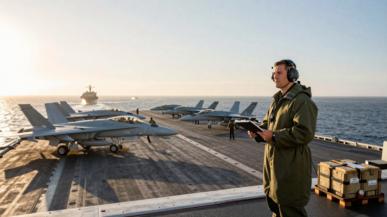 Military officer with headphones and clipboard on aircraft carrier deck with fighter jets and another ship at sea.