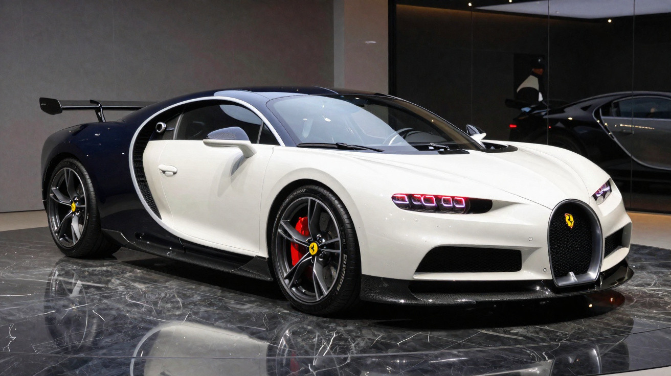 White and black Ferrari Chiron sports car displayed indoors with red brake calipers and aerodynamic design.