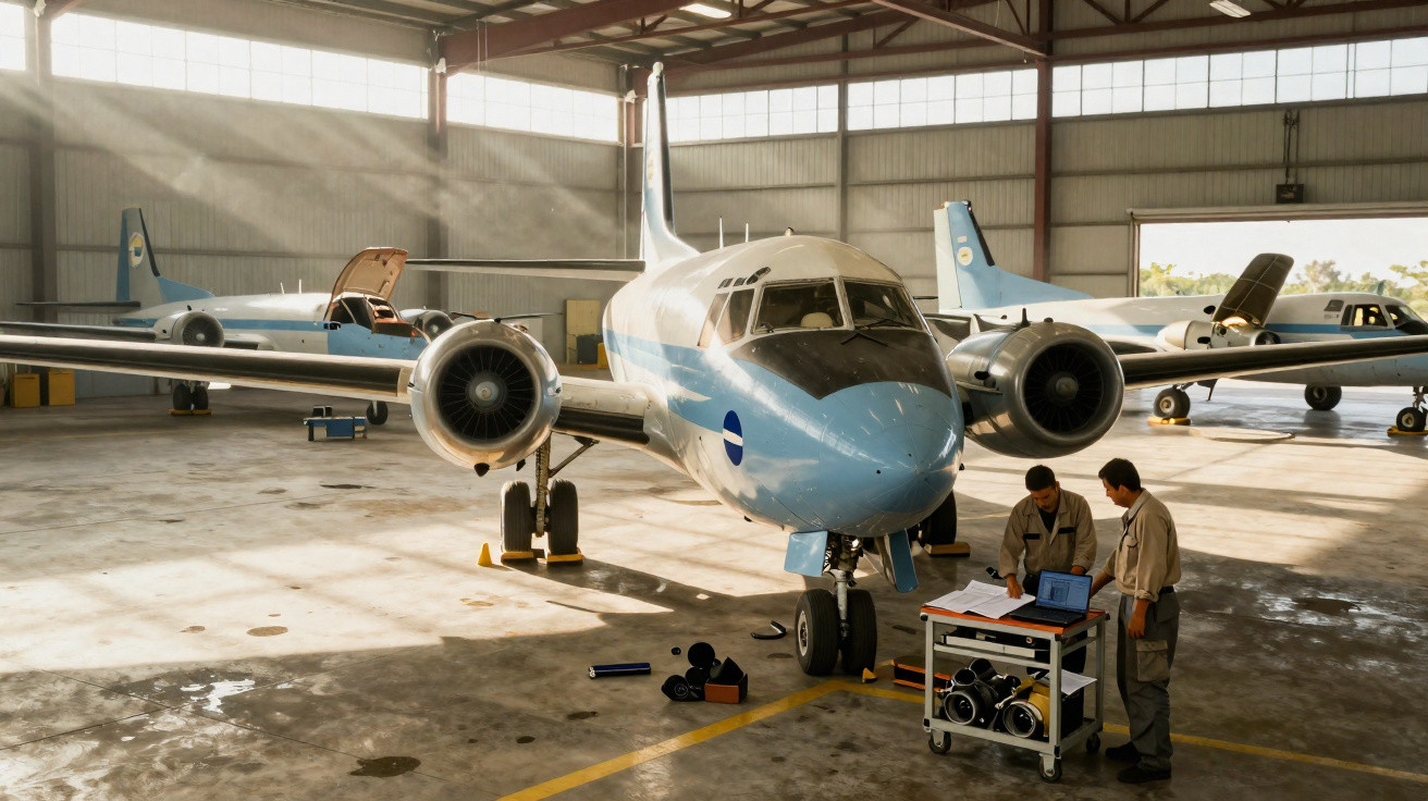 Two technicians inspecting a small twin-engine airplane inside a sunlit hangar.