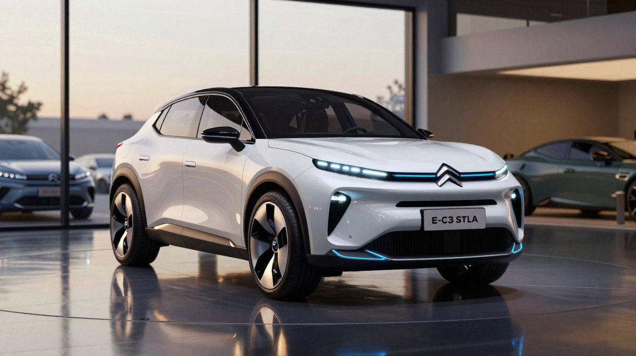 White Citroën E-C3 STLA electric car in a showroom with sleek modern design and LED lights.