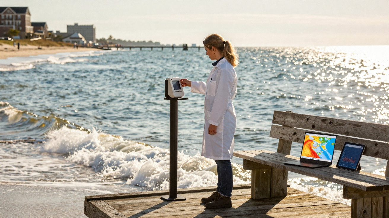 Scientist in white coat using equipment on a wooden pier by the sea with laptops on a bench showing data.
