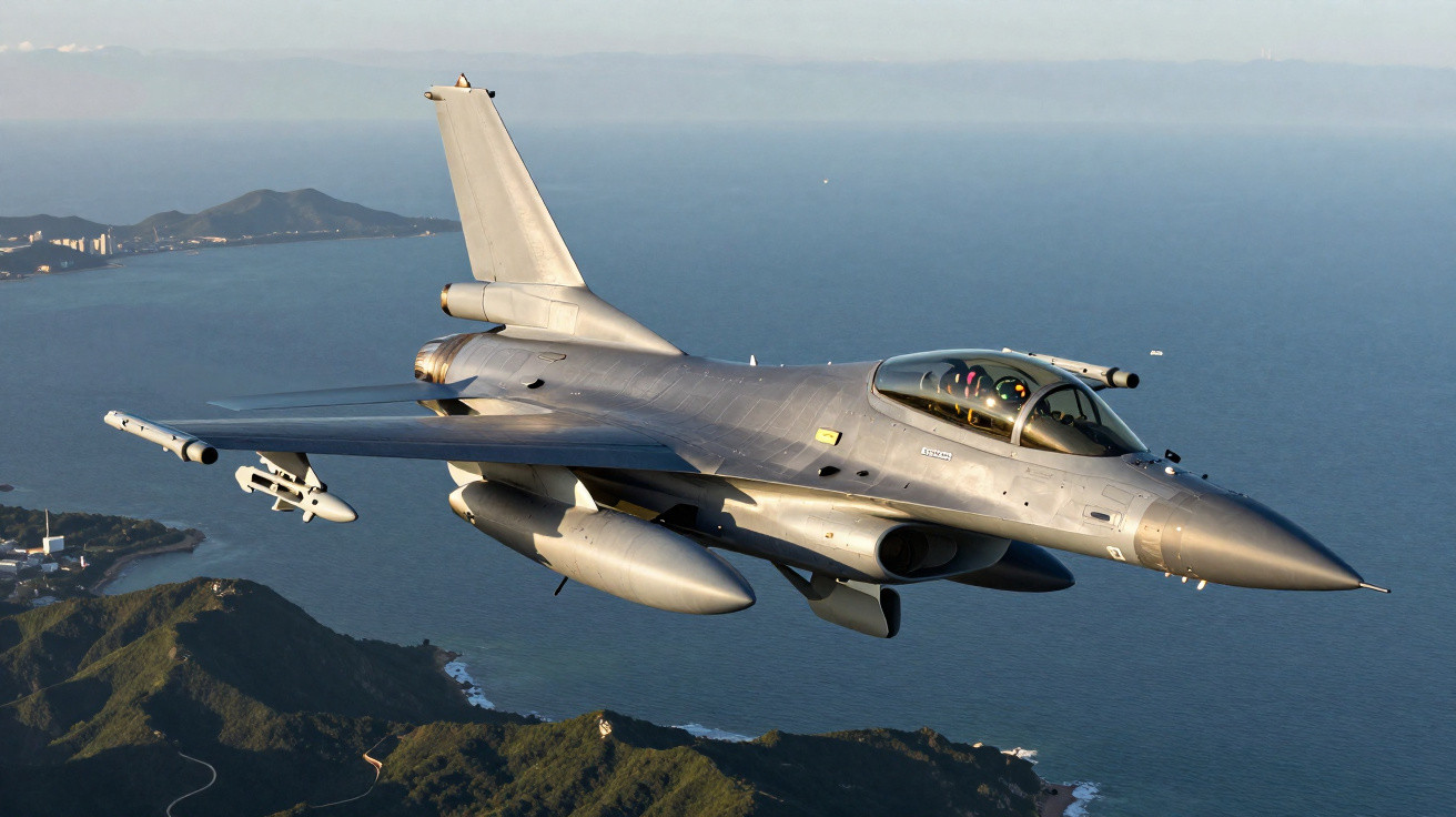 Military fighter jet flying over coastal mountains with ocean in the background.