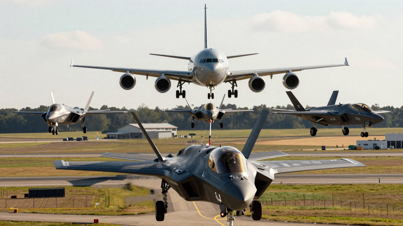 Four military jets, including one large transport aircraft and three fighter jets, flying over an airfield runway.