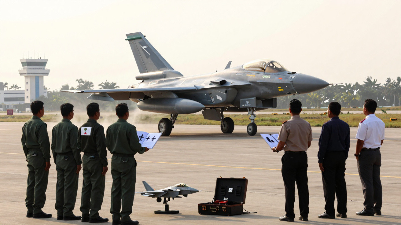 Military personnel observing and guiding a fighter jet taxiing on the airfield runway during daytime.