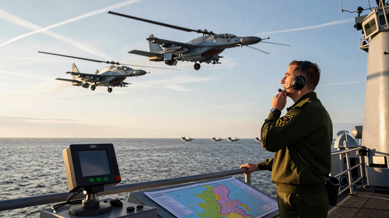 Military officer communicates from ship deck as two helicopters fly low over the sea at sunset.
