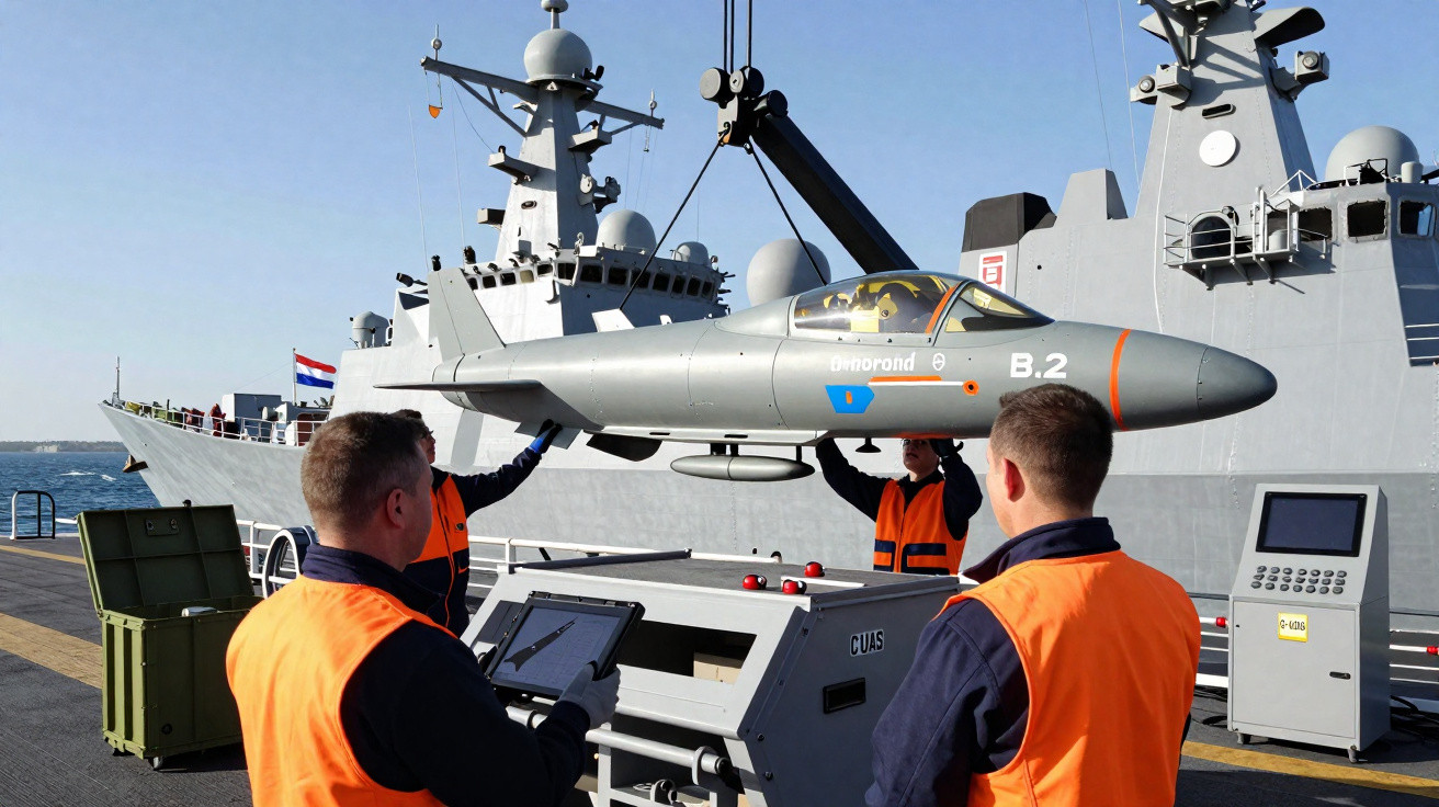 Military personnel handling a grey drone aircraft on a naval ship deck with a warship in the background.