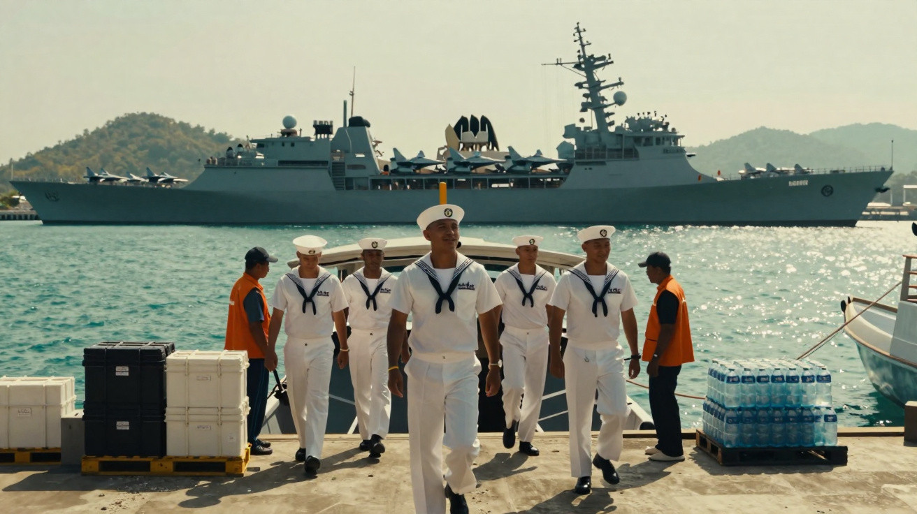 Sailors in white uniforms walking on dock with a naval ship and mountains in the background on a sunny day.