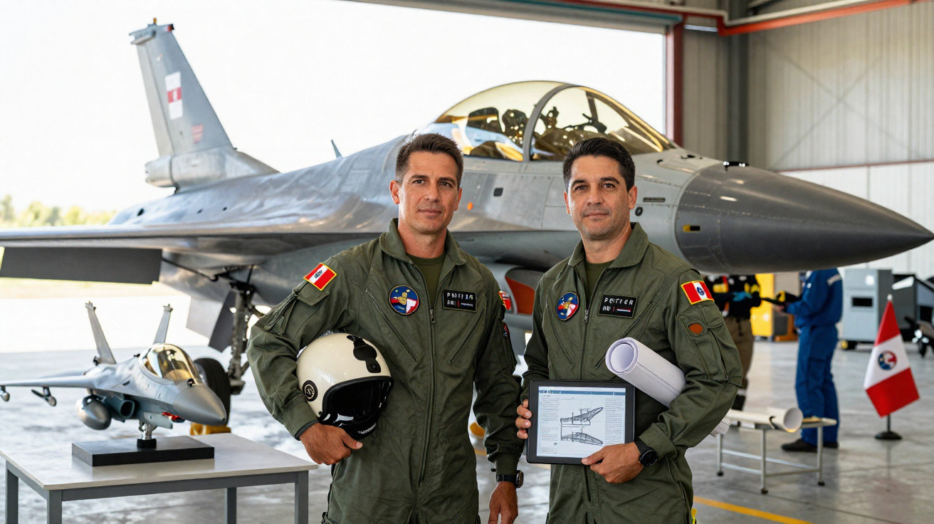 Two pilots in green flight suits stand in front of a fighter jet inside a hangar holding a helmet and technical documents.