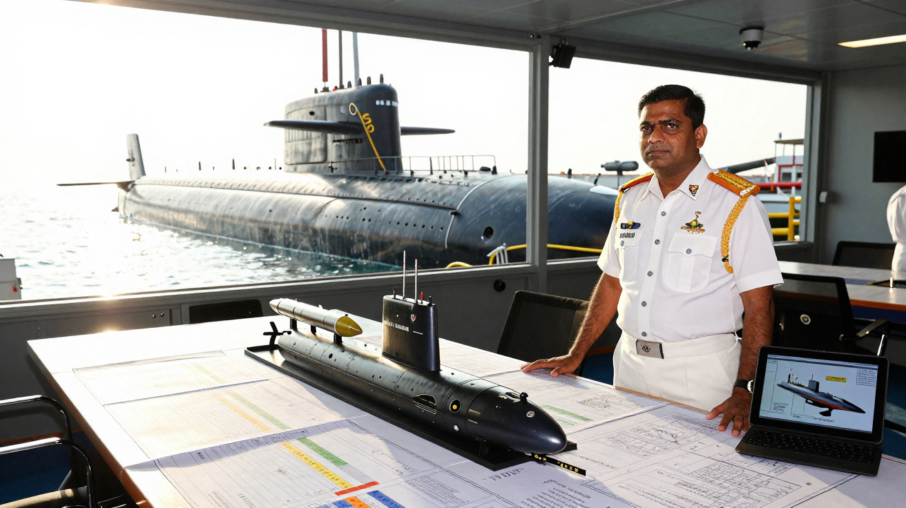 Navy officer standing next to a submarine model and laptop with large submarine visible through window.