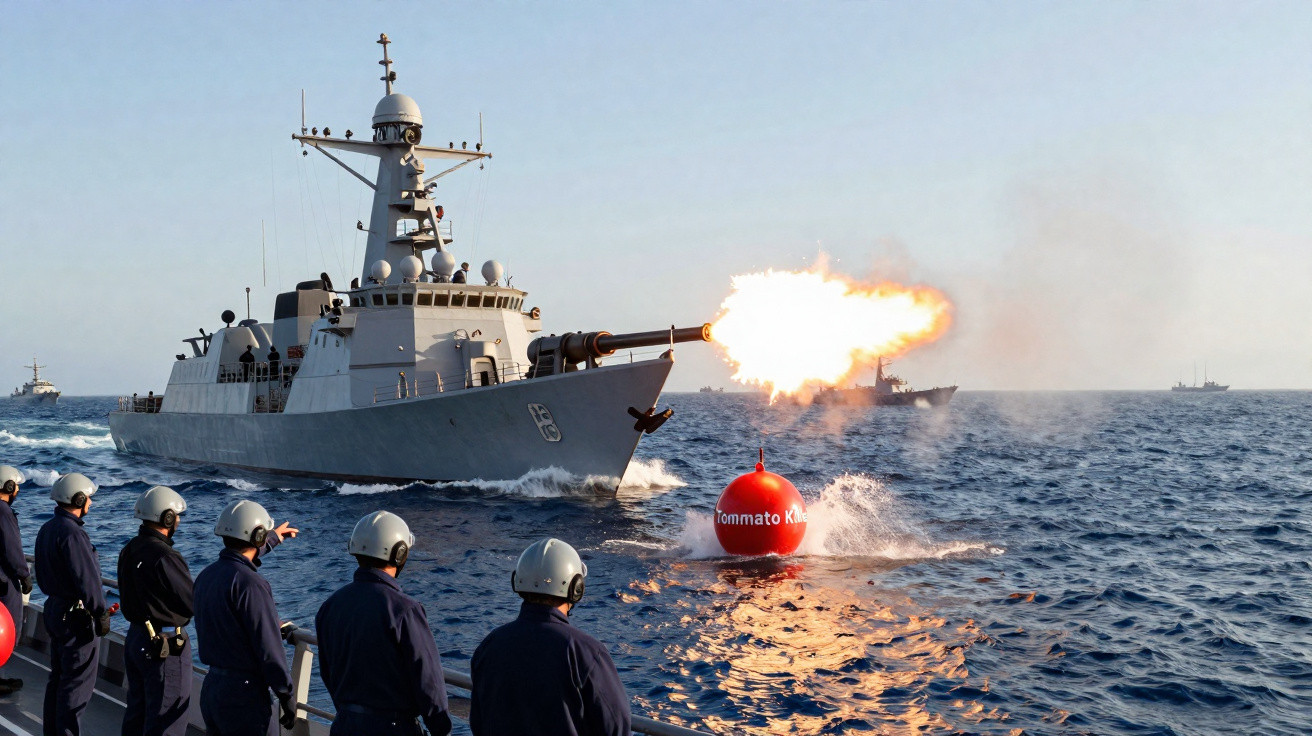 Naval warship firing its main gun at a red buoy labelled "Tomato Kill" during a training exercise at sea.
