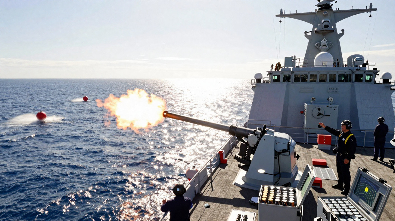 A naval ship firing a large gun over the ocean with crew members on deck during daylight.