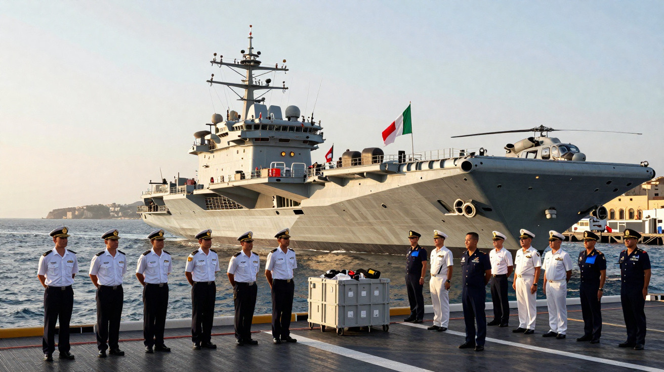 Italian navy officers standing in formation on a dock beside a large naval ship with the Italian flag flying.