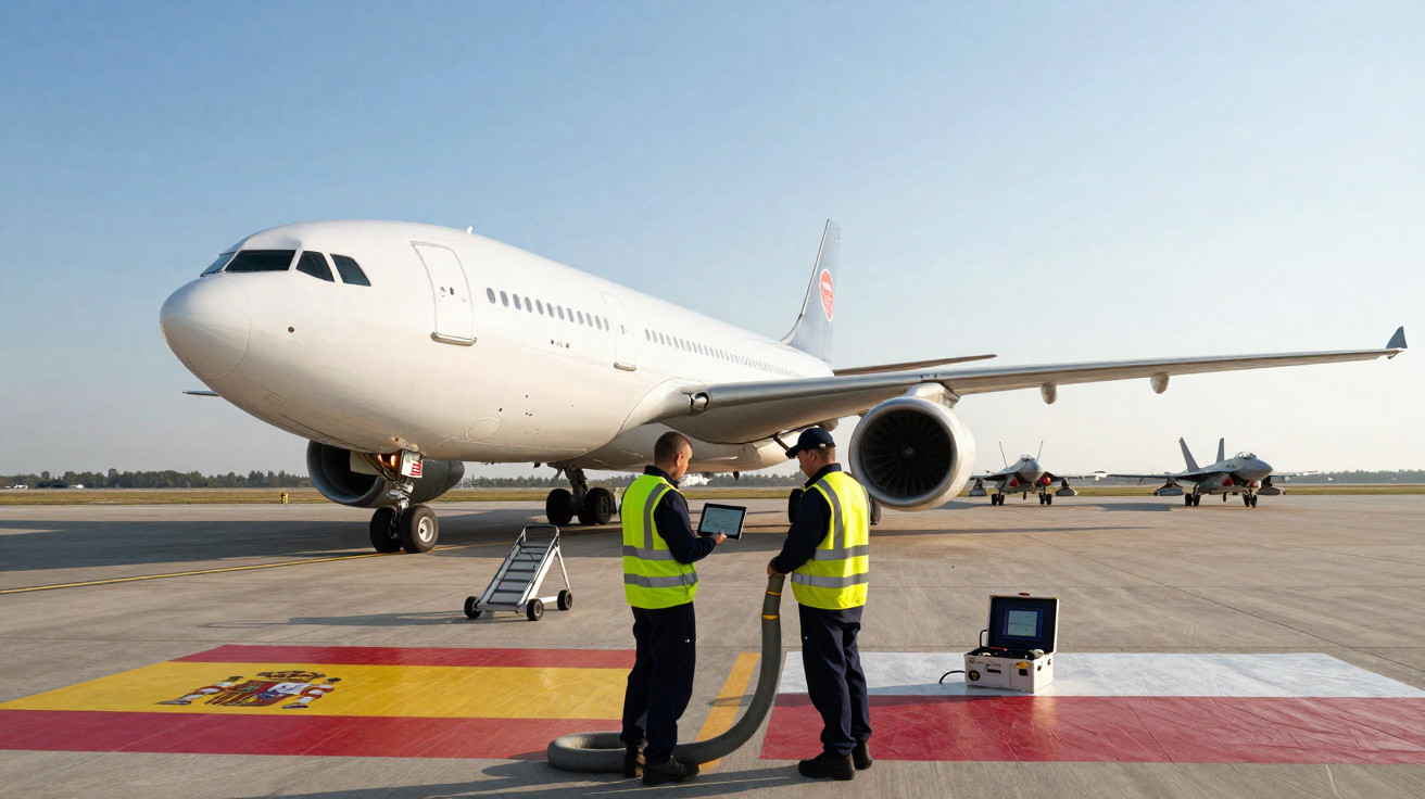 Two ground crew in high-visibility vests refuel a large white airplane on a runway with Spanish flag markings.